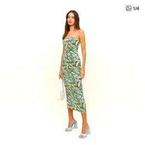 Reformation Strapless Green Leaf Print Dress